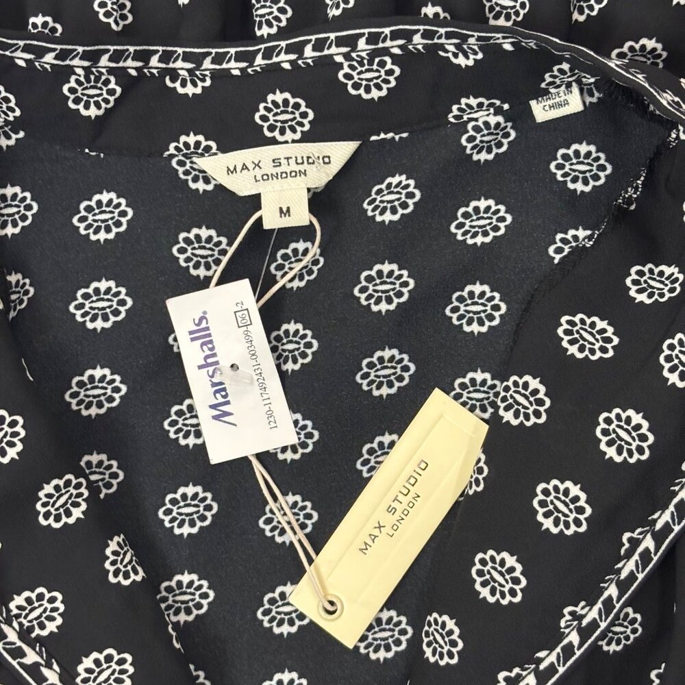 Max Studio London Floral Dress Medium Black White Printed Puff Sleeves Tiered Mi - Picture 11 of 13